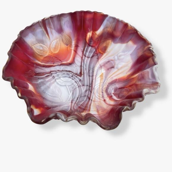Imperial Glass Red Slag Bowl Crimped Edge Roses Marbled Swirl Colors 60s Vtg 9" - Picture 1 of 16